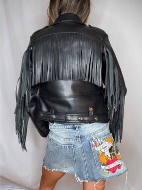 Fringe Black Fringe Faux Moto Leather Jacket with Asymmetric Zips
